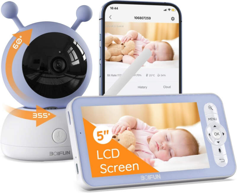 Boifun 5″ dětská chůvička s kamerou PTZ 1080P, sledování teploty a vlhkosti, mobilní aplikace recenze