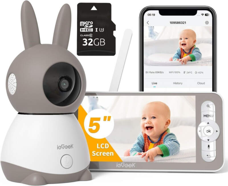 ieGeek 2K dětská chůvička s kamerou PTZ 355° s držákem, 5″ dětská chůvička s automatickým sledováním, detekce pláče recenze