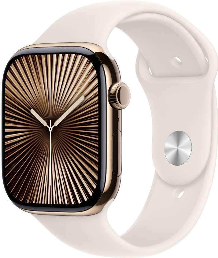 Obrázok Apple Watch Series 10 42mm Cellular zlatý titan s hvězdně bílým sportovním řemínkem M/L MX073QC/A hodnotenie