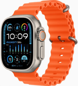 Fotografie Apple Watch Ultra 2 49mm titanové pouzdro s oranžovým oceánským řemínkem MREH3CS/A recenzía