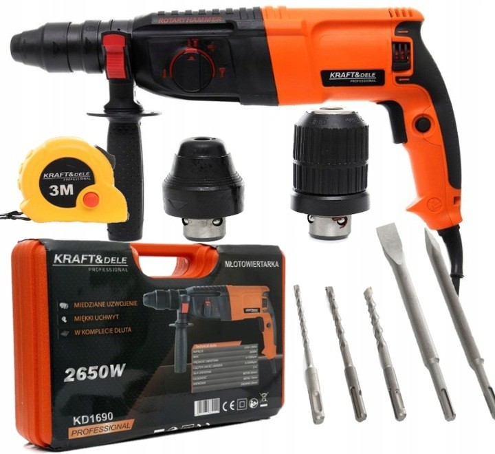 Příklepová vrtačka 2650W SDS+, vrtací kladivo, 2 hlavice, Kraft&Dele KD1690 recenze
