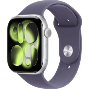 Fotografie Apple Watch Series 11 GPS + Cellular 46mm Silver Aluminium Case with Purple Fog Sport Band – S/M MFCP4WF/A  recenzía
