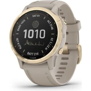 Fotografie Garmin Fenix 6S Pro Solar zlatá s pískově béžovým páskem – sleva viz popisek, 010-02409-13 recenzía