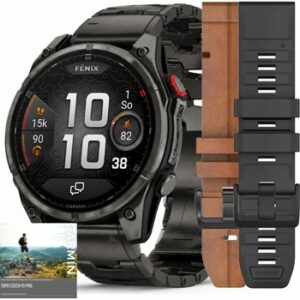 Fotografie Garmin Fēnix 8 Pro – Premium Bundle, 47 mm, AMOLED Sapphire, Carbon grey DLC titanium náramek + hnědý kožený řemínek + silikonový řemínek Black/Pebble Grey 010-03198-40 SET recenzía