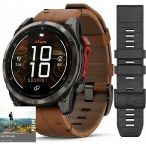 Fotografie Garmin Fēnix® 8 Pro – Premium Bundle, 51 mm, MicroLED Sapphire, Carbon grey DLC titanium s hnědým koženým páskem a silikonovým řemínkem Black/Grey 010-03380-01 SET recenzía